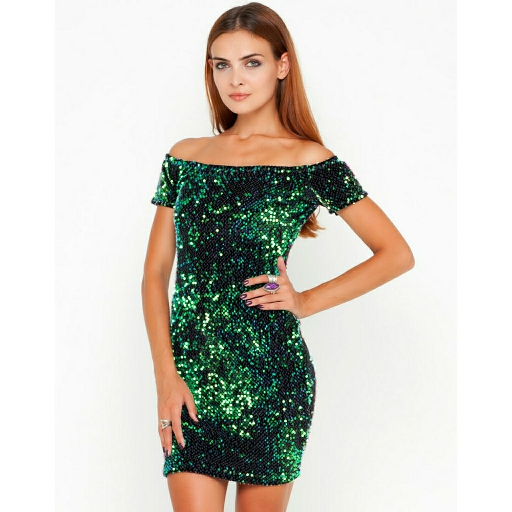 Motel Rocks Green Sequin Off Shoulder Dress NWT